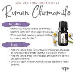 Did you know ancient Roman soldiers used Roman Chamomile for courage during times of war? Who couldn’t use a little boost in the bravery department every once in a while? Roman Chamomile is especially great for it’s soothing and calming properties. Please enjoy Roman Chamomile for: Aiding mood in times of stress and shock Assisting dry, irritated, or aging skin Supporting rested sleep Helping ease lower back discomfort Deep Sleep 😴 Diffuser Blend 💧 3 drops Lavender 💧 2 drops Roman Chamomile Roman Chamomile Essential Oil Blends, Roman Chamomile Doterra, Sleep Diffuser Blend