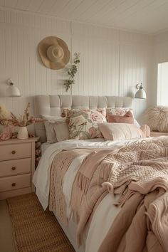 a bed with pink and white sheets, pillows and blankets on it in a bedroom