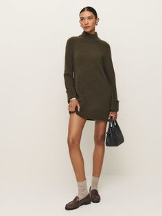 You flirt. Shop the Tate Regenerative Wool Sweater Dress from Reformation, a mini sweater dress with long sleeves and a slight turtle neckline. Winter Style Ideas, Sweater Mini Dress, Wool Sweater Dress, Long Knitted Dress, Blogger Outfits, Long Sweater Dress, Silky Dress, Long Knit, Mini Sweater Dress