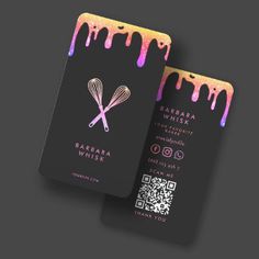 two business cards with colorful paint drips and whisk logo on the front