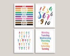 four posters with different font and numbers on them, all in different colors or shapes