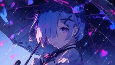 an anime character holding an umbrella with pink and blue lights in the sky behind her