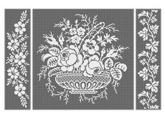 three cross stitch designs with flowers and vases on them, one is black and the other is white