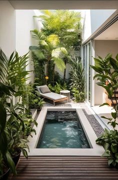 an indoor swimming pool surrounded by plants and greenery in the middle of a courtyard