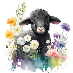 a watercolor painting of a sheep surrounded by flowers