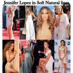 several pictures of women in different dresses on the red carpet at an awards event, including one woman wearing a white dress