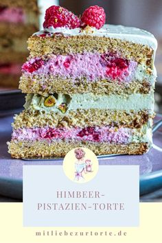 a piece of cake with raspberries on top and the words humber - pistazen - torte