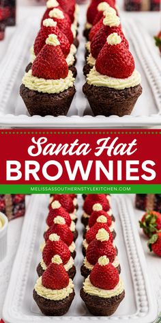 These Santa Hat Brownies are a festive favorite for holiday baking recipes! These adorable mini brownies are topped with strawberries and cream cheese frosting, making them a sweet treat to make at home and a delightful addition to Christmas dessert ideas that will bring holiday cheer to any gathering! Strawberry Santa Hat Brownie Bites, Santa Hat Strawberry, Strawberry Holiday Dessert, Brownie Christmas Trees And Santa Hats, Brownie Bite Santa Hats, Cute Christmas Party Desserts, Santa Treats Ideas, Christmas Theme Brownies, Christmas Finger Food Deserts