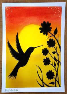 a painting of a hummingbird flying in front of the sun with flowers on it