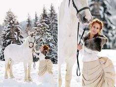 a woman is standing next to a white horse in the snow