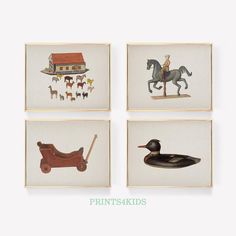 four framed pictures with different types of animals and things in them, including a house