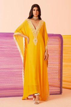 Shop for Sureena Chowdhri Yellow Muslin Starry Day Embroidered Yoke Kaftan for Women Online at Aza Fashions New Kaftan Designs, Sureena Chowdhri, Kaftan Women, Kaftan Pattern, Mango Clothing, Haldi Outfits, Kaftan For Women, Simple Saree Designs, Mehendi Outfits