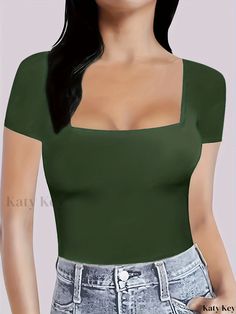 Katykey - Womens Square Neck Short Sleeve Bodysuit for Summer and Spring, Sleek and Casual One-Piece Clothing Casual Green Short Sleeve Bodysuit For Summer, Green Short Sleeve Bodysuit For Summer, Green Fitted Short Sleeve Bodysuit Casual, Summer V-neck Solid Color Short Sleeve Bodysuit, Summer V-neck Stretch Short Sleeve Bodysuit, Casual V-neck Short Sleeve Stretch Bodysuit, Playful Cotton Short Sleeve Bodysuit, Affordable, One Piece Clothing, Short Sleeve Bodysuit