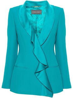 aqua blue crepe texture dart detailing satin detailing draped design shawl lapels double-breasted press-stud fastening shoulder pads long sleeves buttoned cuffs two front jetted pockets Italian rear vents straight hem logo-jacquard lining Womens Dress Coats, Blazer Pattern, Corporate Wear, Blazer Jackets For Women, Blazer Blue, Blazer Set, Alberta Ferretti, Breasted Blazer, Double Breasted Blazer