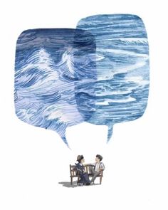 two people sitting on a bench in front of an image of the same person talking to each other