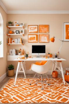 Brighten your workspace with an orange and white home office. An orange and white home office combines vibrant energy with clean elegance, creating an inspiring environment. Use bold orange accents against crisp white furniture for a balanced and modern look. The combination of orange and white in a home office promotes creativity and productivity. Incorporate orange and white decor elements to make your home office feel lively yet organized. Discover how an orange and white home office can transform your workspace into a stylish and motivating area. Orange Home Office Ideas, Orange Office, Beautiful Home Office, White Home Office, Creative Storage Solutions, Cozy Boho, Small Space Design, Orange House