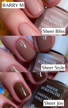 A review of five nude Barry M nail polish colors with swatches – from Honeysuckle to Sheer Bliss, some of the best drugstore sheer, brown and nude nail polishes! - - - - drugstore brown nail polish swatches - nude nails aesthetic - barry m nail polish swatches - barry m sheer strength nail paint - barry m gelly hi shine nail polish swatch - barry m honeysuckle swatch - barry m tiramisu swatch - barry m sheer bliss swatch - barry m sheer style swatch - barry m sheer joy swatch - light brown nail polish colors - sheer nails colors - best barry m products - mauve nail polish swatch Nude Nails Aesthetic, Light Brown Nail Polish, Ballet Slippers Nail Polish, Barry M Nail Polish, Joy Nails