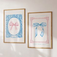 two framed pictures hang on the wall next to each other, one with a bow