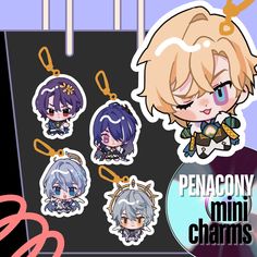 an assortment of cute anime keychais hanging on a clothes line with the words penacony mini charms