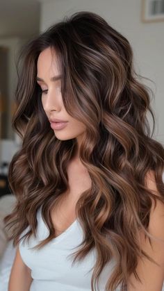 Woman with long, voluminous brown hair styled in loose waves, wearing a light-colored top. Dark Caramel Brown Hair Honey, Brown Partial Balayage, Balayage To Brunette, Highlights For Dark Brown Hair, Balayage Hairstyles, Bronde Balayage