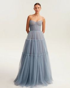 Cloudy blue tulle maxi dress with ruffled skirt, Garden of Eden ➤➤ Milla Dresses - USA, Worldwide delivery Dark Blue Tulle Dress, Asymmetrical Dress Casual, Blue Tulle Dress, Winter Wedding Guest Dress, Maxi Dress Winter, Tulle Maxi Dress, Tulle Maxi Skirt, Dress Weights, Corset Back