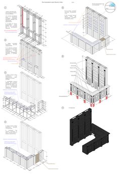 three different views of a building with various sections and details to each section, including the door