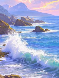 an oil painting of waves crashing on the rocks by the ocean with mountains in the background