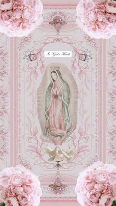 the virgin mary with pink peonies in front of it and an ornate border