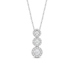 Layer your outfit with just the right amount of brilliance through this three-stone necklace. This beauty features a vertical pendant composed of three concentric rings in graduating sizes. On each ring is a diamond in a faceted bezel surrounded by a circular frame of more round diamonds. Circular Frame, Beauty Features, Halo Necklace, Round Halo, Gorgeous Engagement Ring, Three Stone Diamond, Diamond Halo, Conflict Free Diamonds, Three Stone