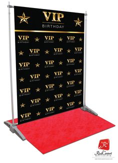 a black backdrop with gold stars and red carpet for a birthday party or special event