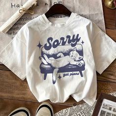 Sorry Cat Print Cotton T-shirt For Women Cat T, Cat Print, Printed Cotton, Short Sleeves Tops, Cotton Tshirt, Casual Women, Collar Styles, Style Casual, Cotton Blend