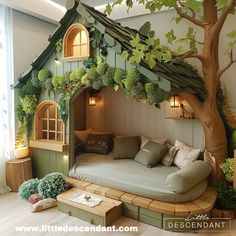 a tree house bed is in the middle of a room with green plants on it