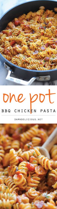 one pot chicken pasta in a skillet with a spatula and title above it