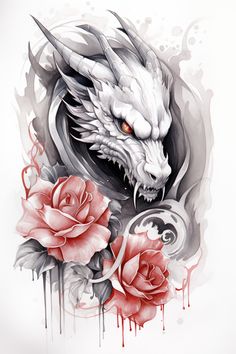 a dragon with roses on it's chest and the face painted in red ink