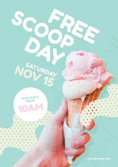 a person holding an ice cream cone with the text free scoop day saturday november 15