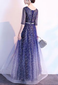 Blue Glitter Formal Gown With Fitted Sleeves (Stunning) Blue Evening Gown For Banquet, Blue Evening Gown For Prom, Blue Evening Dress For Banquet, Blue Evening Dress For Prom Season, Fitted Floor-length Glitter Dress, Glitter Fitted Floor-length Dress, Blue Sequined Gown For Prom Season, Royal Blue Ball Gown Evening Dress For Party, Blue Chiffon Evening Dress For Prom Season