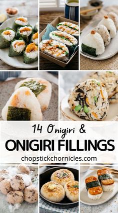 different types of sushi and onigiri fillings are shown in this collage