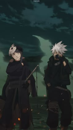 two anime characters standing next to each other in front of a dark sky with clouds