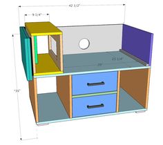 a drawing of a desk with drawers and a computer monitor on it's side