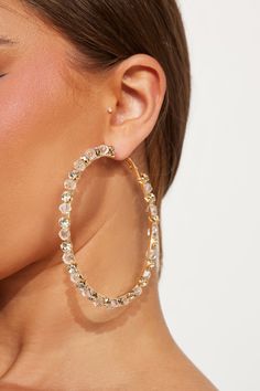 Available In Gold. Hoop Earrings Rhinestone Detail Hinge Closure Final Sale Imported | Bring On The Bubbly Hoop Earrings in Gold by Fashion Nova Small Crystal Hoop Earrings For Party, Party Small Hoop Crystal Earrings, Trendy Clear Hoop Earrings For Parties, Trendy Rhinestone Hoop Earrings, Clear Hoop Earrings For Party, Big Round Earrings, Big Circle Earrings, Earrings Outfit, Small Dangle Earrings