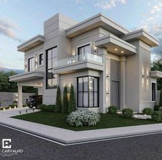 this is a rendering of a modern style house in the evening time with lights on