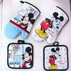 mickey mouse oven mitts and pot holders with tags for each one to put on