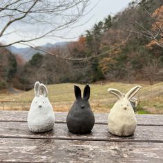 three small white and black bunnies sitting on top of a wooden table next to each other