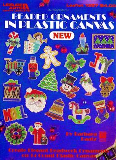 the cover of beaded ornaments in plastic canvass, featuring santa and other christmas decorations