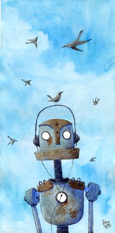 a painting of a robot with birds flying above it and the sky in the background