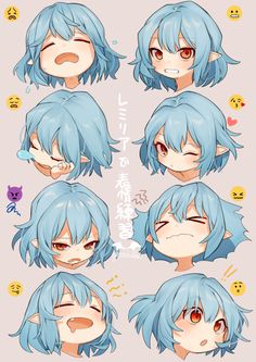 some anime character expressions with blue hair and different facial expressions on their faces, including the eyes