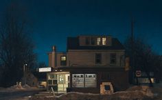 an oil painting of a building at night with snow on the ground and dark clouds in the sky