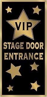 a black and gold sign that says stage door entrance with stars on the bottom right corner