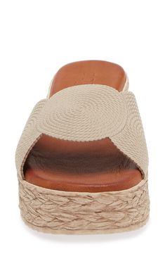 A textured suede upper and scalloped topline bring visual intrigue to an espadrille-inspired slide sandal lifted by a jute-wrapped platform and wedge heel. 2" heel; 1 1/4" platform Cushioned footbed Leather upper and lining/synthetic sole Made in Spain Espadrilles Platform, Platform Wedge, Sandal Women, Platform Wedges, Slide Sandals, Wedge Heels, Womens Sandals, Espadrilles, Leather Upper