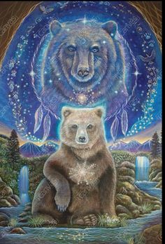 a painting of a bear sitting in front of a blue sky with stars on it